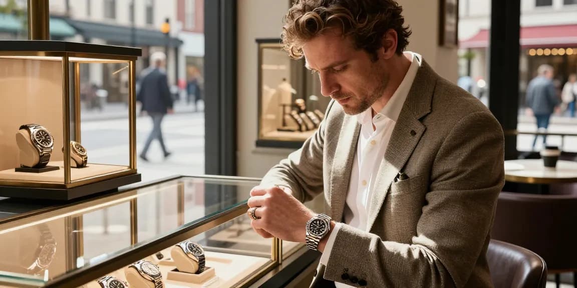 Exploring Rolex super clone watches in a chic urban watch boutique setting featuring luxury timepieces.