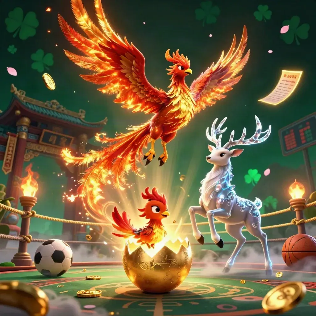 Phoenix, stag, and hatchling amid coins, balls, banners, and glowing casino light.