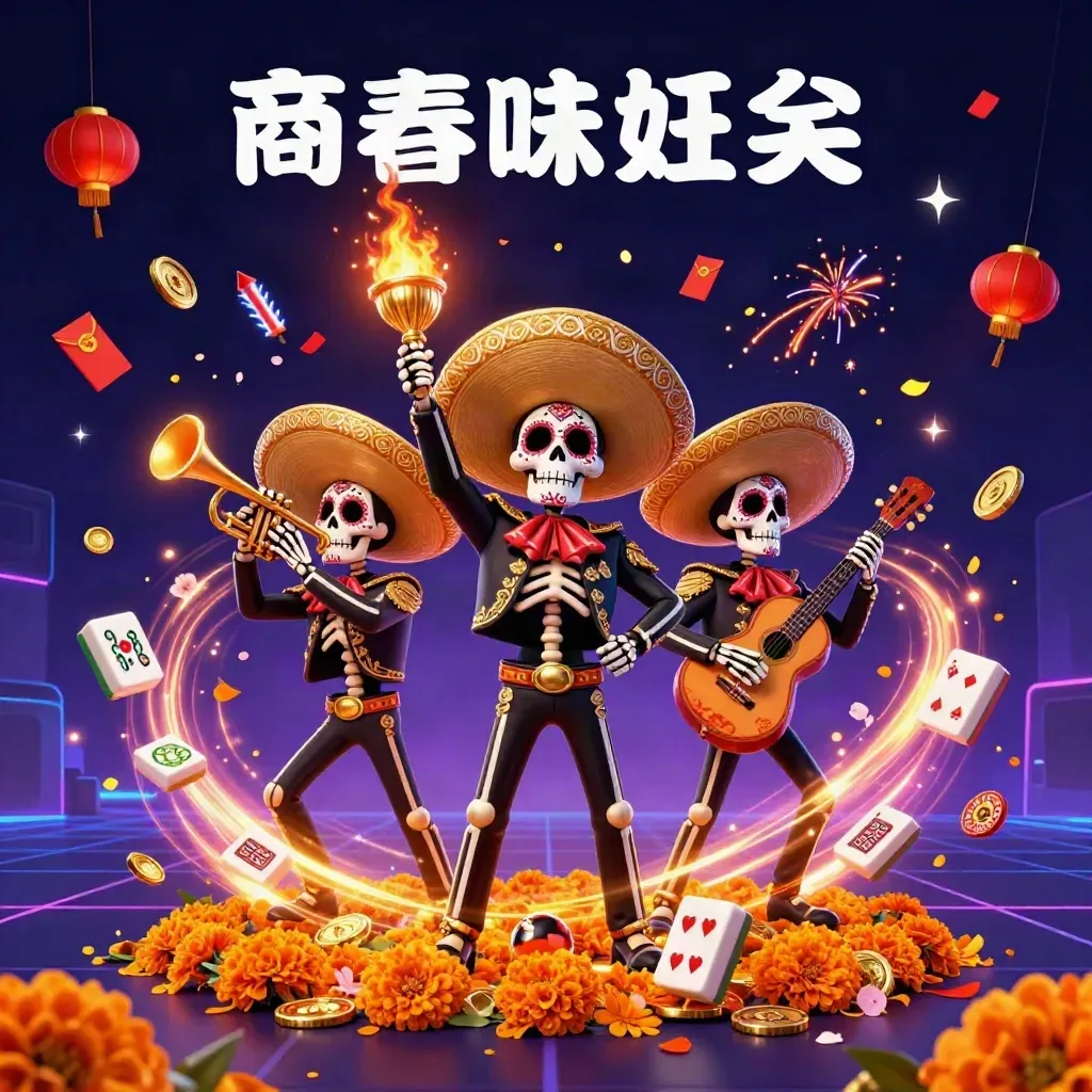 Three skeleton mariachi figures with glowing casino symbols erupting in electric blue light.