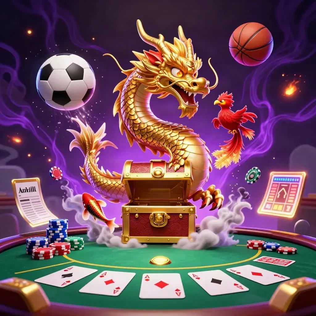 Dragon, phoenix, koi, poker chips and sports balls burst in a neon casino scene.