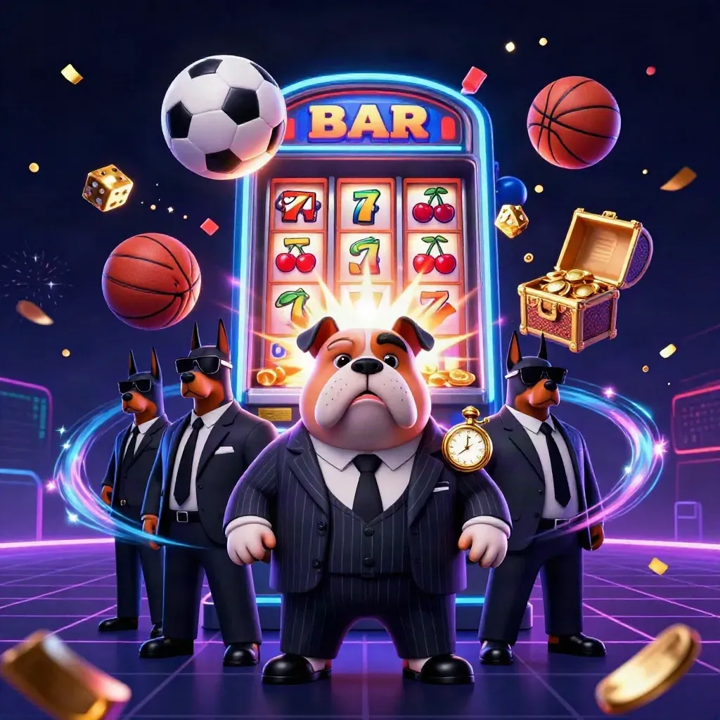 Mafia bulldog and Dobermans amid casino bursts, soccer ball, dice, and neon sports energy.