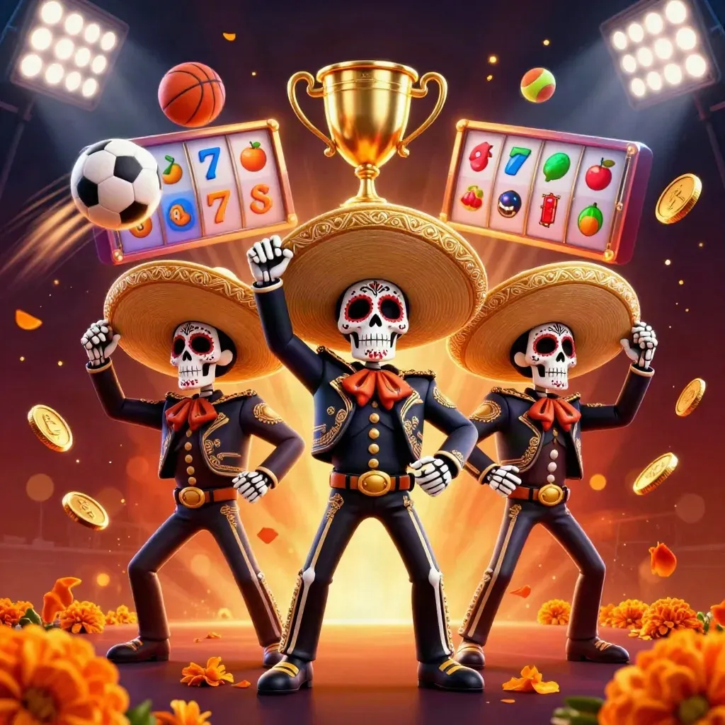 Skeleton mariachi trio with casino balls, coins, trophy, and slot reels on a dark electric-blue stage.