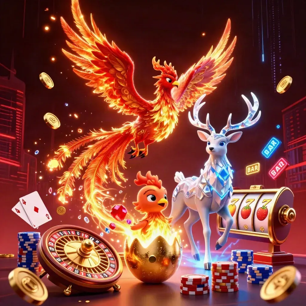 Phoenix, baby phoenix and crystal stag amid casino coins, chips and glowing reels on a dark neon background.