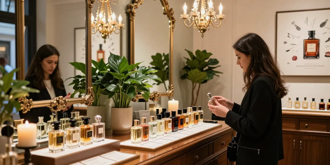 Perfume enthusiast community exploring niche fragrances in a luxurious boutique.